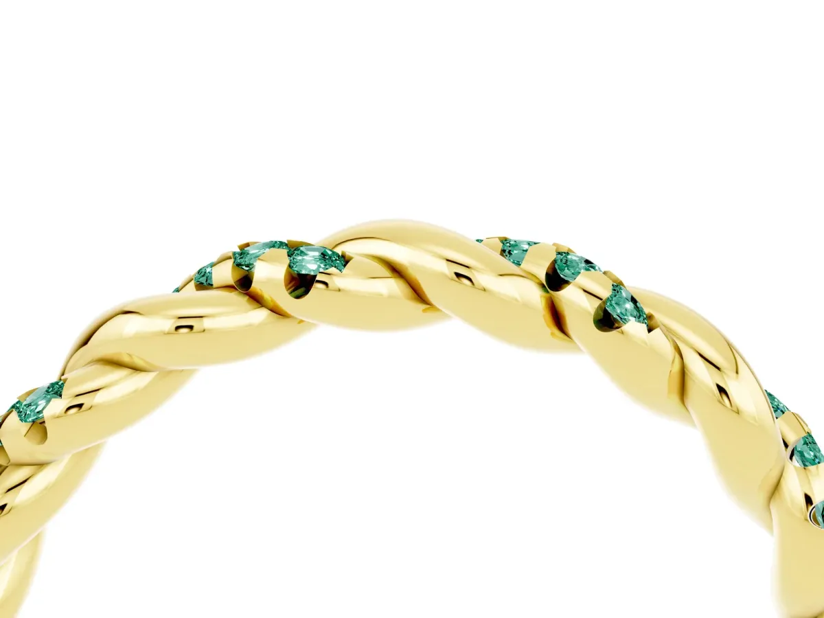 Twisted Pavé Round Green Sapphire Eternity Band Yellow gold