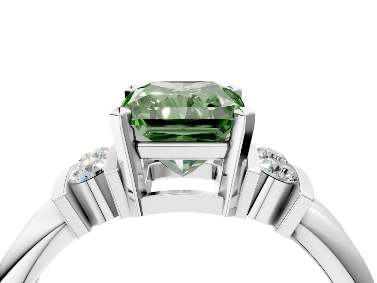 Fancy Green Radiant Cut Cut Three-Stone Channel Set Ring with Bar Prongs Platinum
