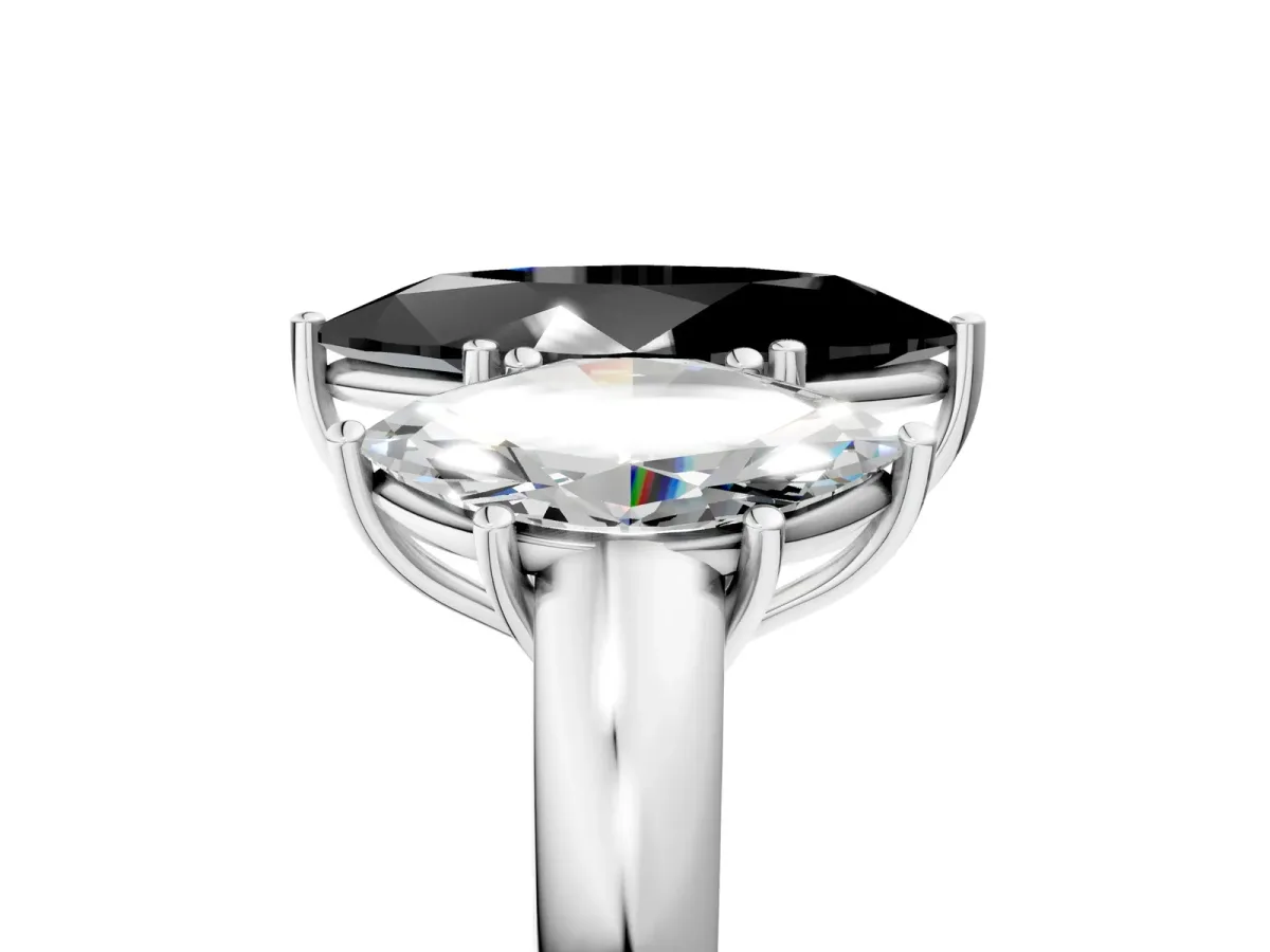 Fancy Black Marquise Cut Diamond Three-Stone Ring with Four-Prong Setting and Classic Band Platinum