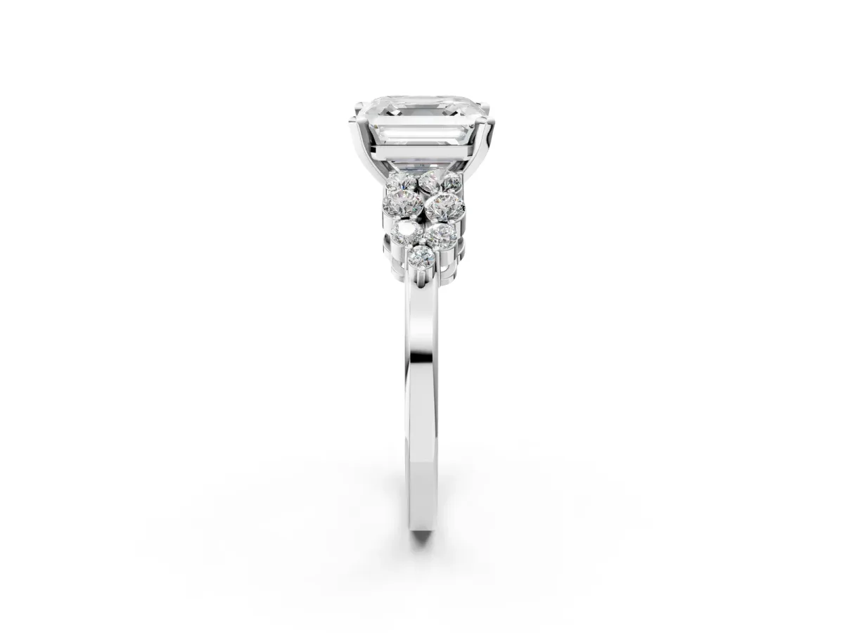 Asscher Cut Cluster Diamond Engagement Ring with Pavé Band and Four-Prong Setting Platinum
