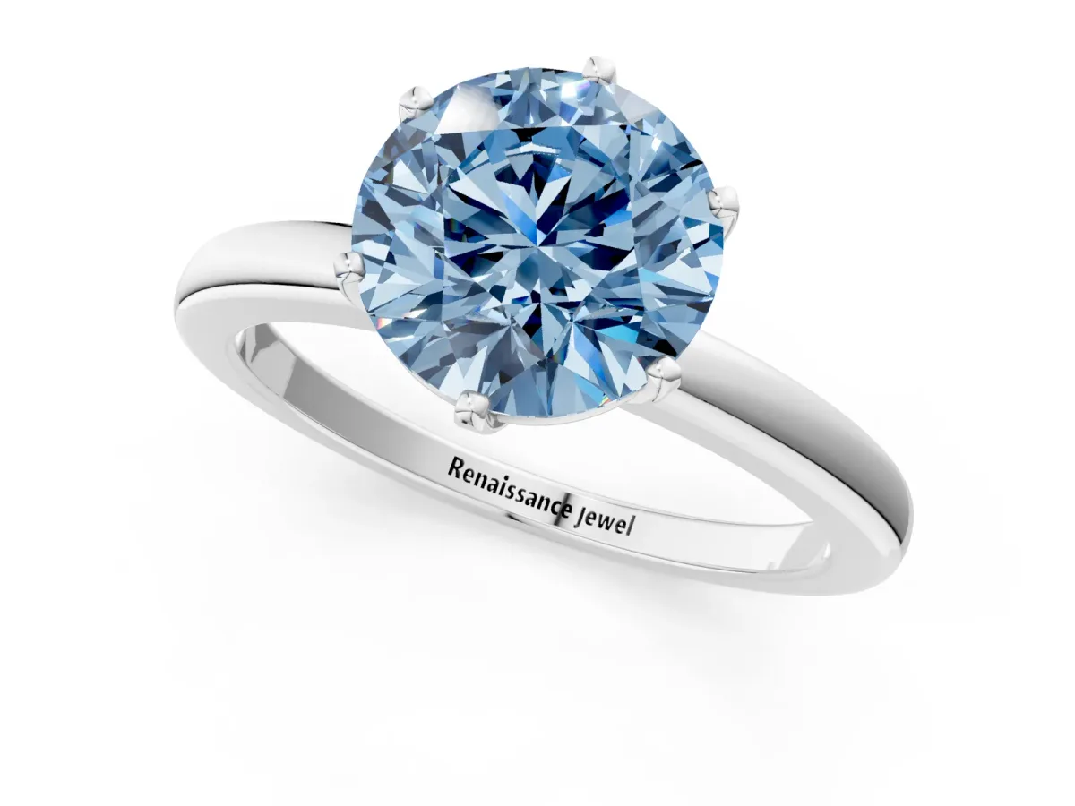 Fancy Blue Round Cut Solitaire Diamond Ring with Six-Prong Setting on a Classic Band White gold