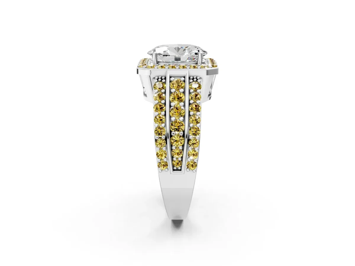 Oval Cut Halo Diamond Ring with Round Yellow Sapphire Split Shank and Prong Setting Silver