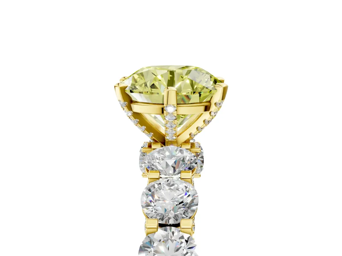 Fancy Yellow Round Cut Diamond Side Stone Engagement Ring with Four-Prong Setting Yellow gold