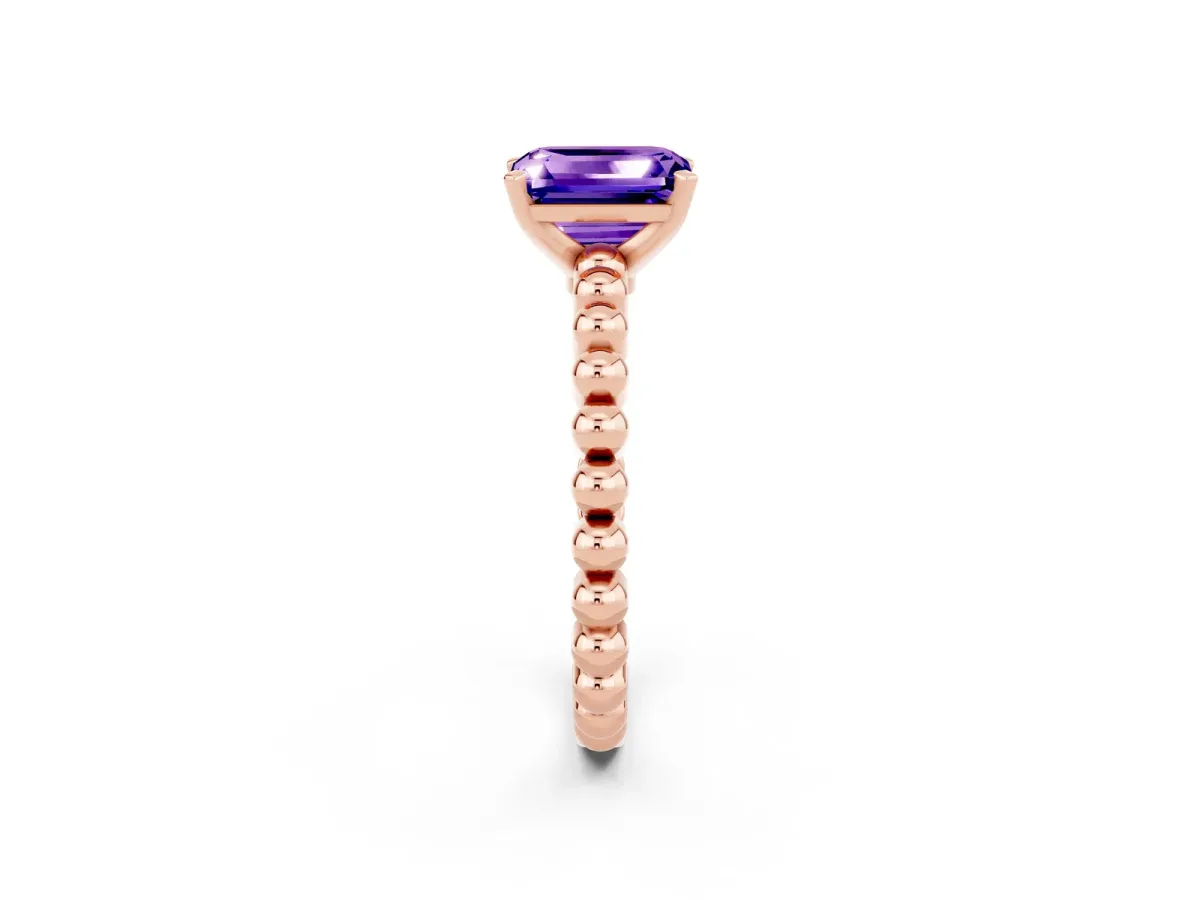 Emerald Cut Tanzanite Solitaire Ring with Beaded Band and Prong Setting Rose gold