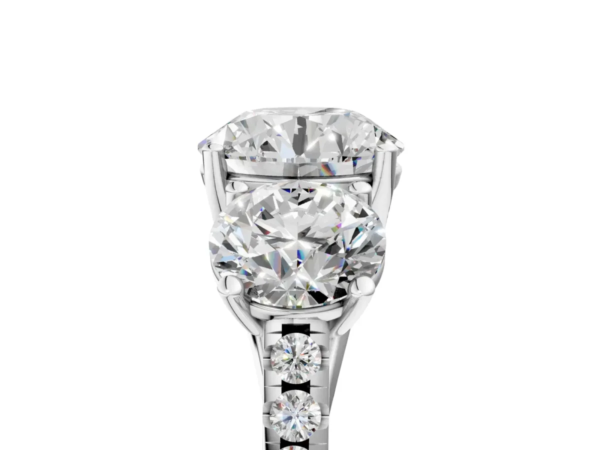 Three-Stone Round Cut Diamond Ring with Round Moissanite Pavé Band and Prong Setting Silver