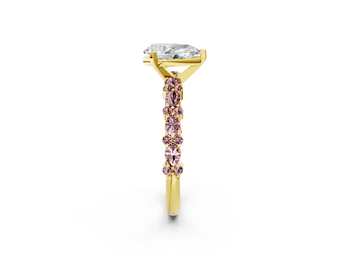 Pear Cut Diamond Side Stone Solitaire Ring with Round Morganite and Four-Prong Setting Yellow gold