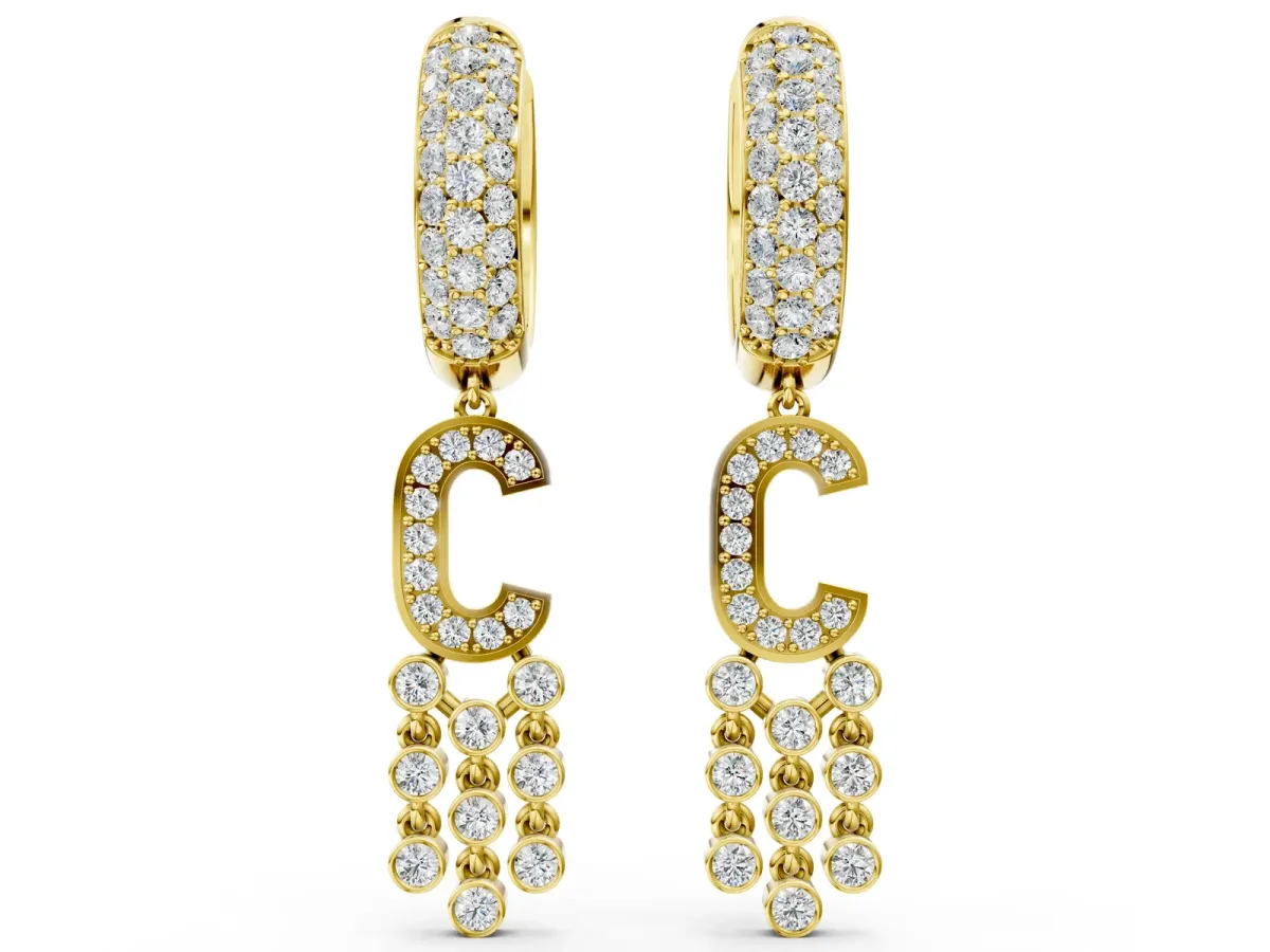 Round Diamond Initial C Huggie Hoop Earrings Yellow gold