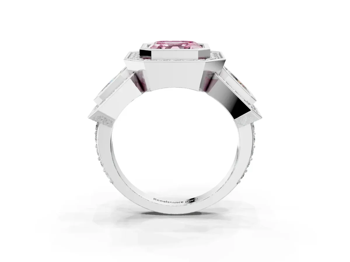 Fancy Pink Three-Stone Asscher Cut Halo Pavé Diamond Ring Platinum