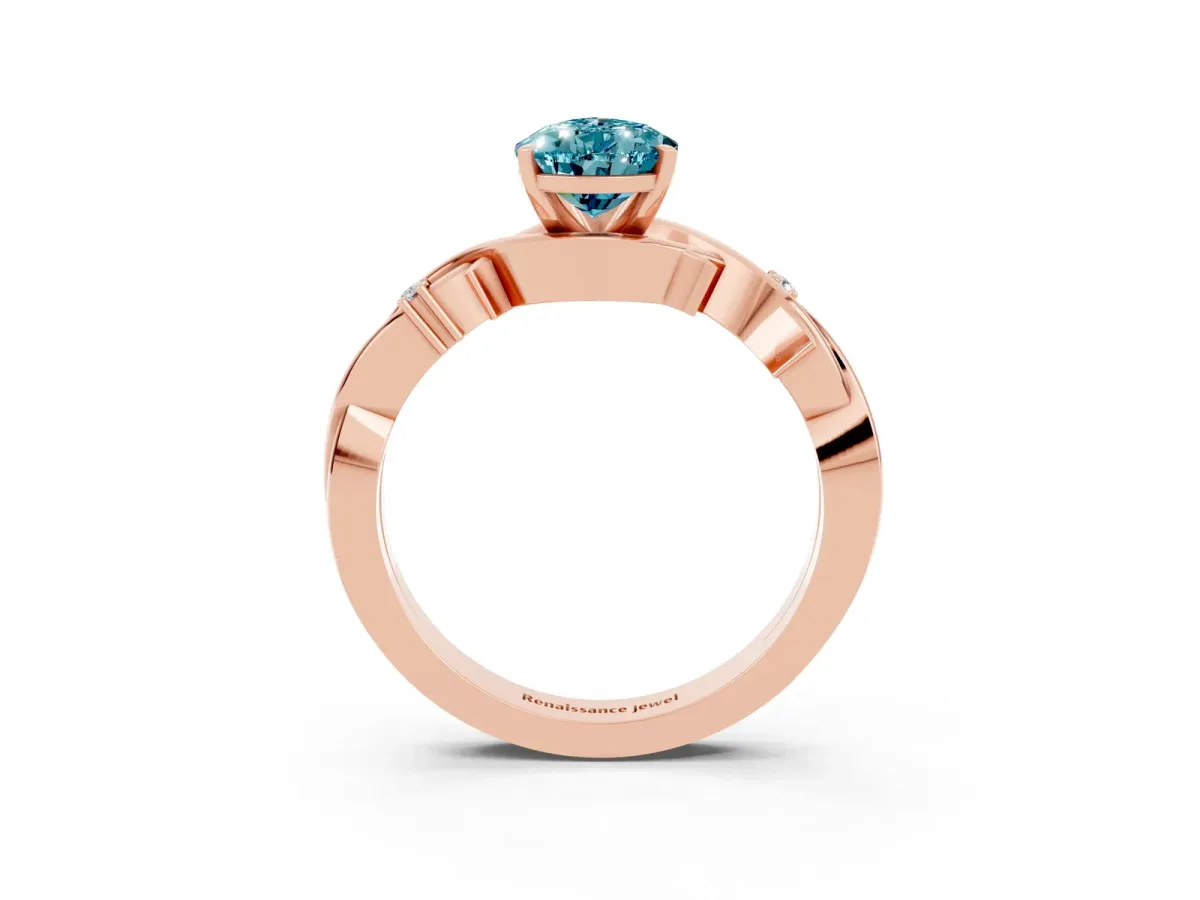 Pear Cut Blue Topaz Solitaire Ring with Twisted Band and Prong Setting Rose gold