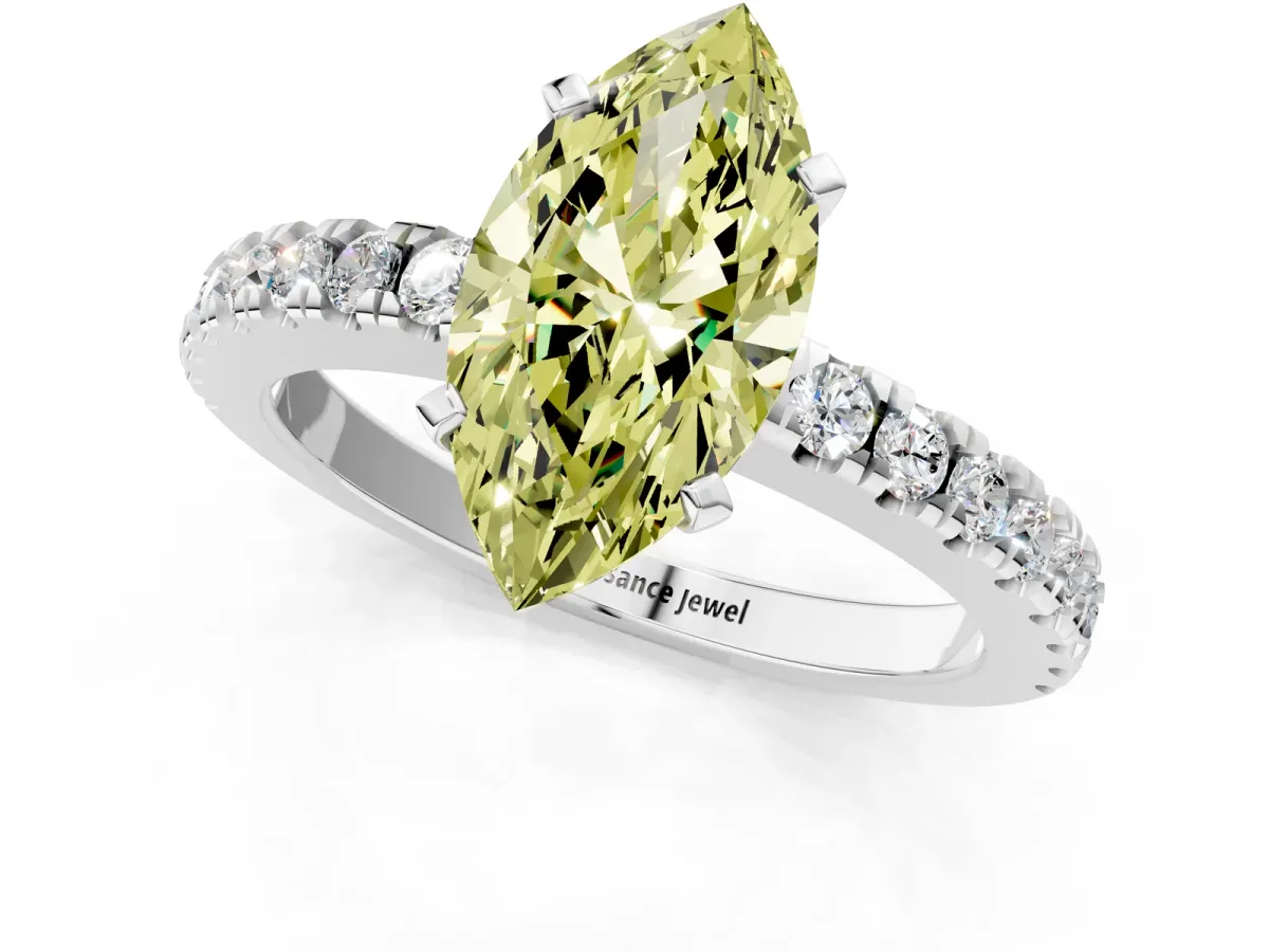 Fancy Yellow Marquise Cut Solitaire Diamond with Pavé Band and Four-Prong Setting Silver