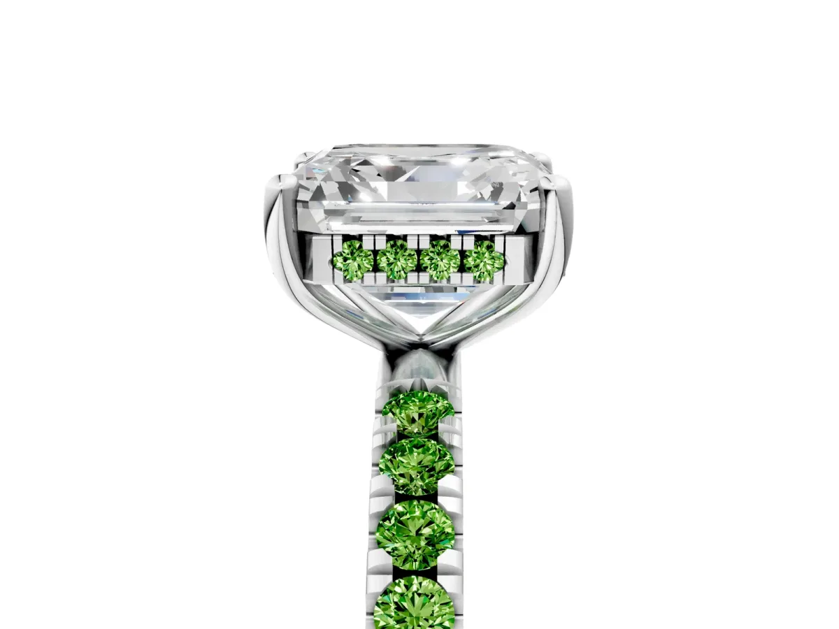 Asscher Cut Diamond Pave Band Solitaire Ring with Round Peridot and Prong Setting Silver