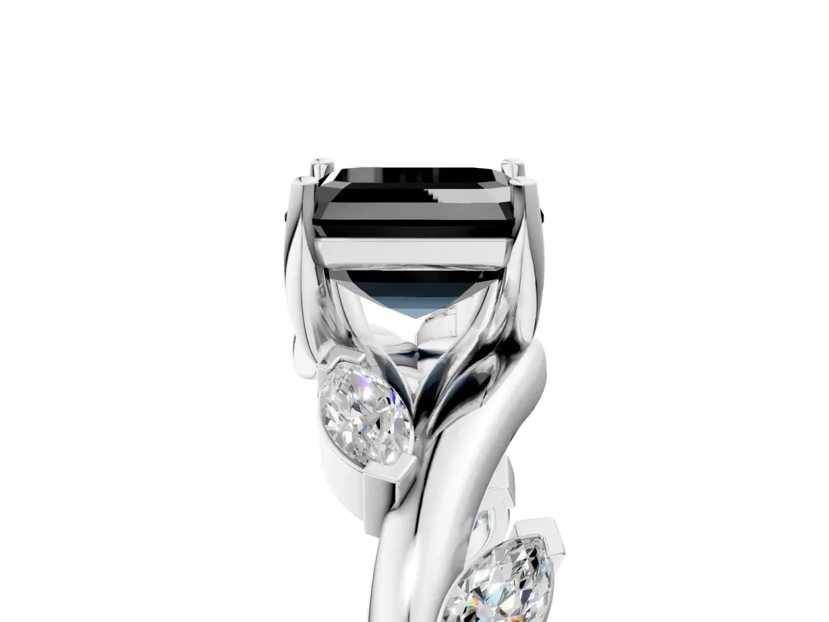 Fancy Black Asscher Cut Solitaire Twisted Band Marquise Accent Prong Setting Ring Platinum