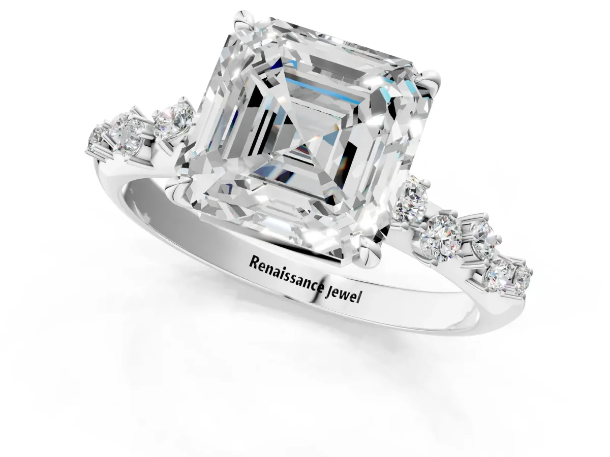 Asscher Cut Diamond Cluster Side Stone Solitaire Ring with Prong Setting Platinum