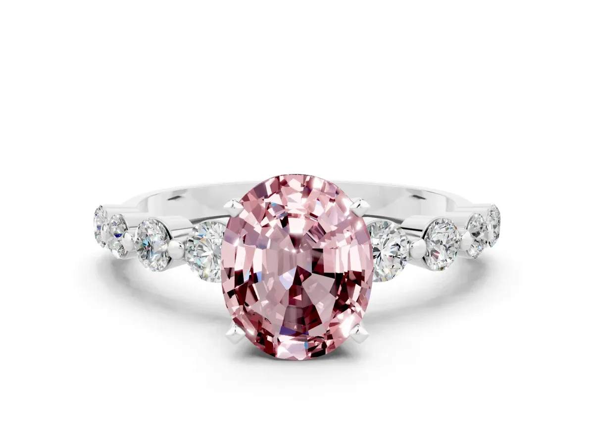 Oval Cut Solitaire Morganite Ring with Pave Band and Four-Prong Setting Platinum