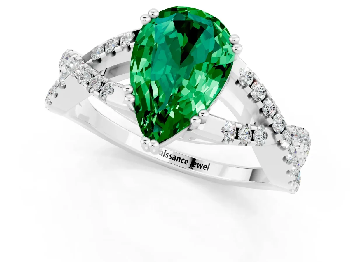 Pear Cut Emerald Solitaire Ring with Four-Prong Setting and Twisted Pavé Band Platinum