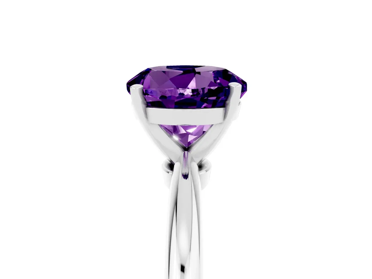 Round Cut Amethyst Solitaire Ring with Six-Prong Setting and Classic Band Silver