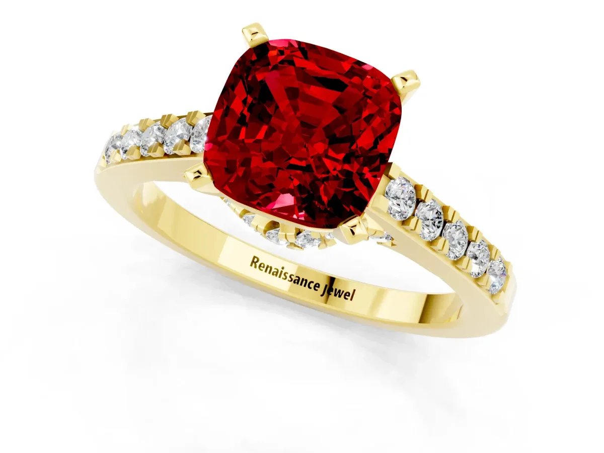 Cushion Cut Ruby Solitaire Ring with Crossover Gallery and Round Pavé Band Yellow gold