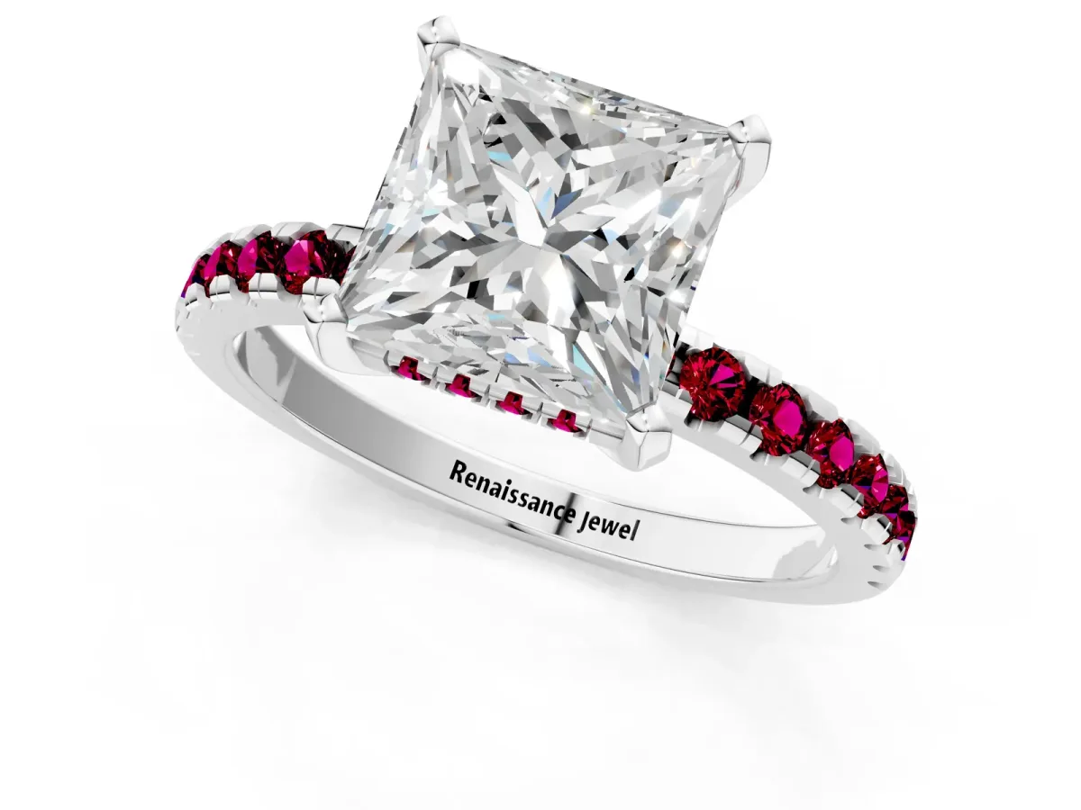Princess Cut Diamond Solitaire Ring with Round Garnet Pavé Band and Four-Prong Setting Silver