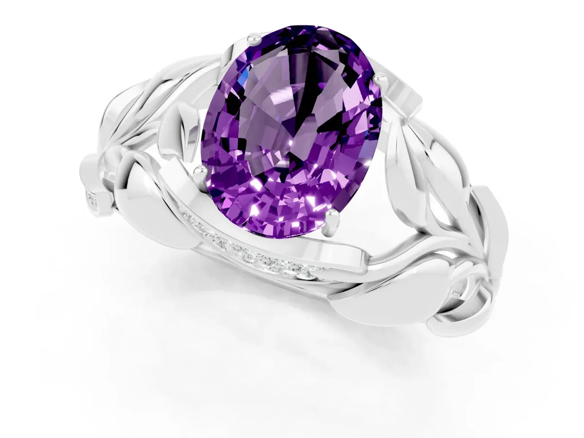 Oval Cut Amethyst Leaf-Inspired Engagement Ring with Round Accents and Prong Setting Platinum