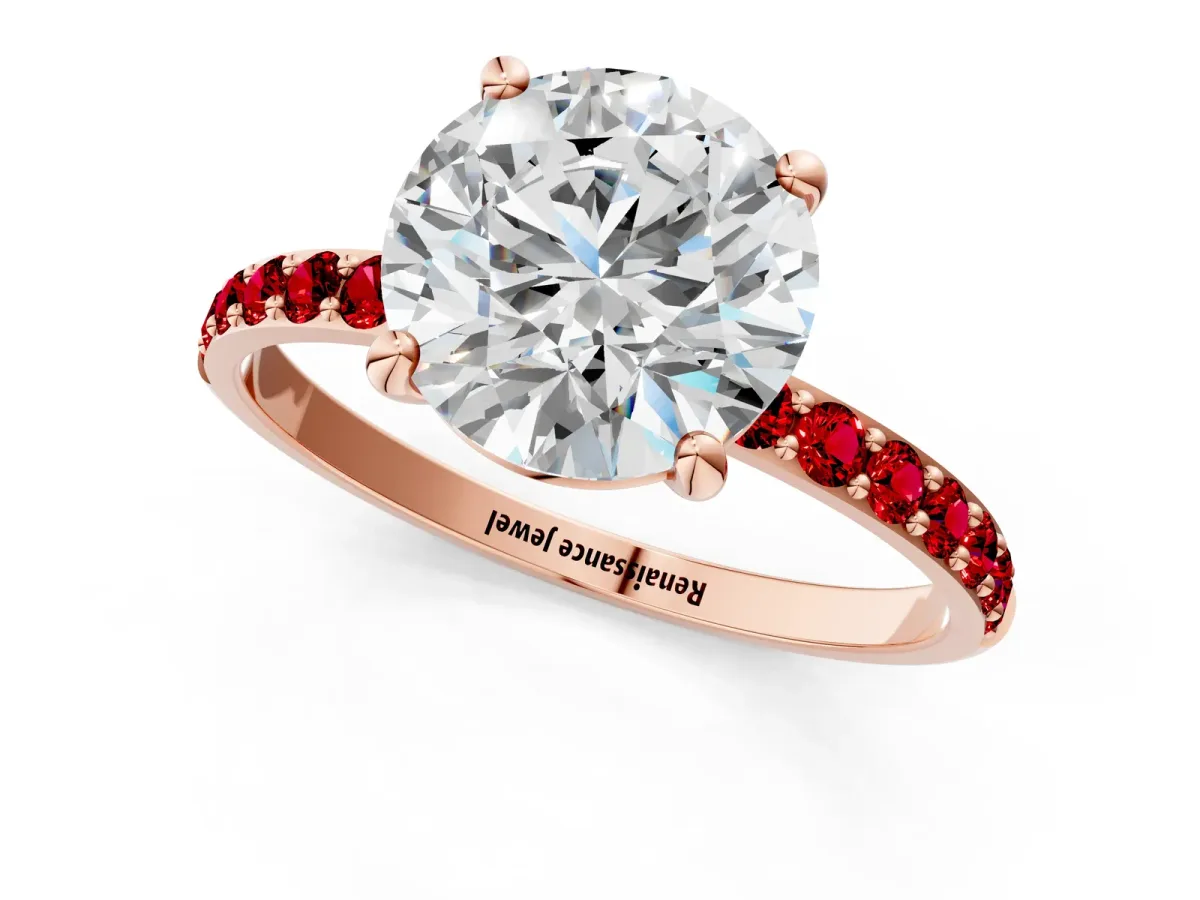 Round Cut Diamond Solitaire Ring with Round Ruby Pavé Band and Prong Setting Rose gold