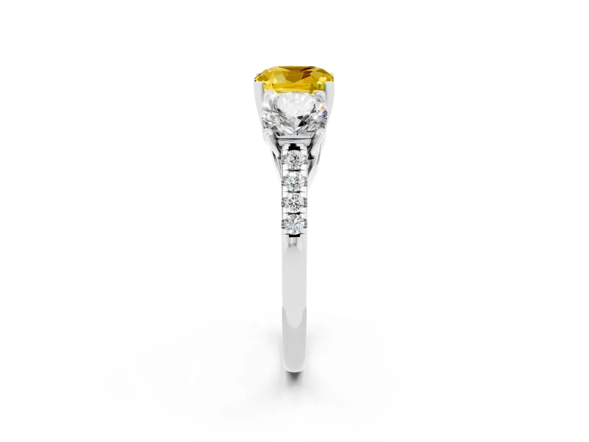 Three-Stone Cushion Cut Yellow Sapphire Ring with Round Pavé Band and Prong Setting Silver