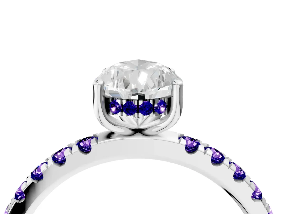 Pear Cut Diamond Pave Band Solitaire Ring with Round Tanzanite and Prong Setting Platinum