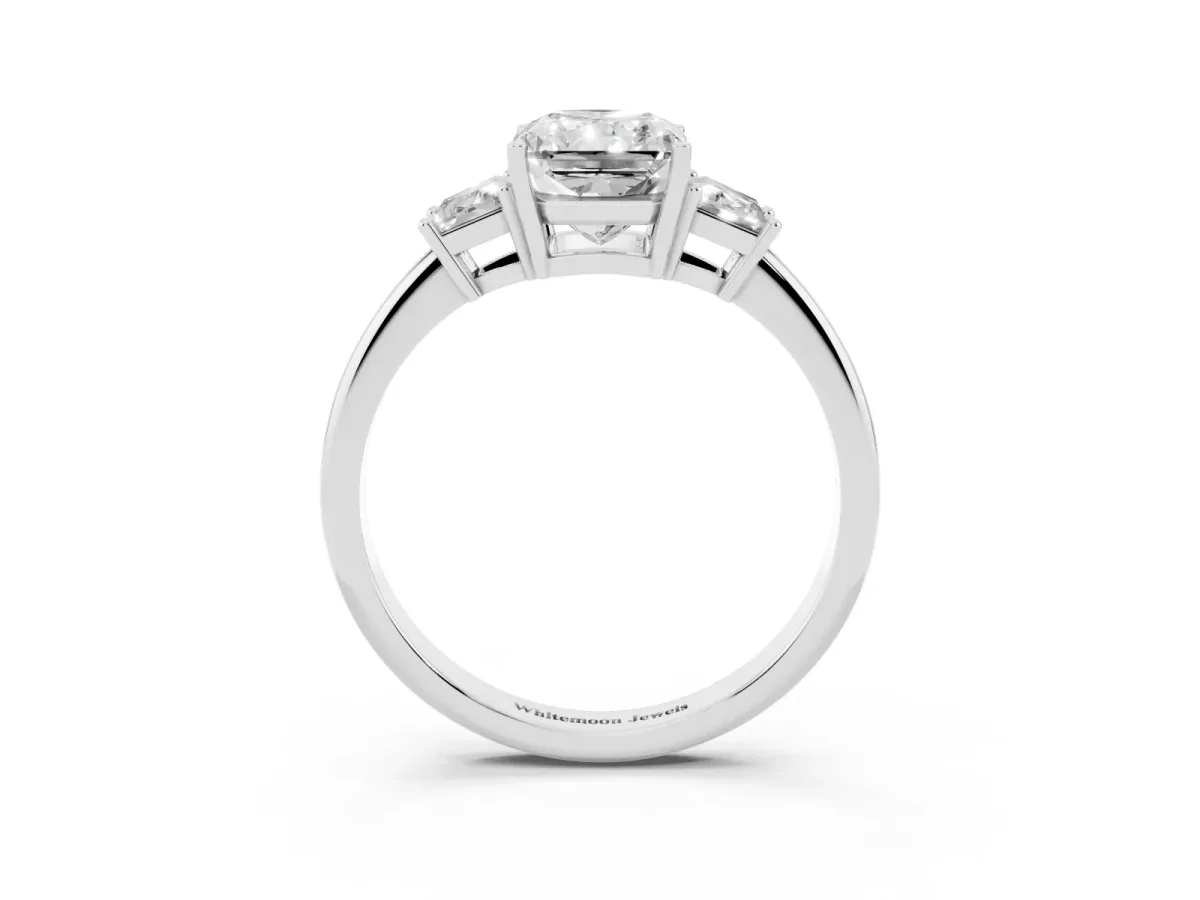 Radiant Cut Diamond Three-Stone Ring with Trapezoid Side Stones and Prong Setting Platinum