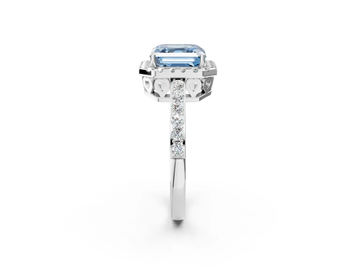 Fancy Blue Asscher Cut Halo Diamond Pavé Band Ring with Prong Setting Silver