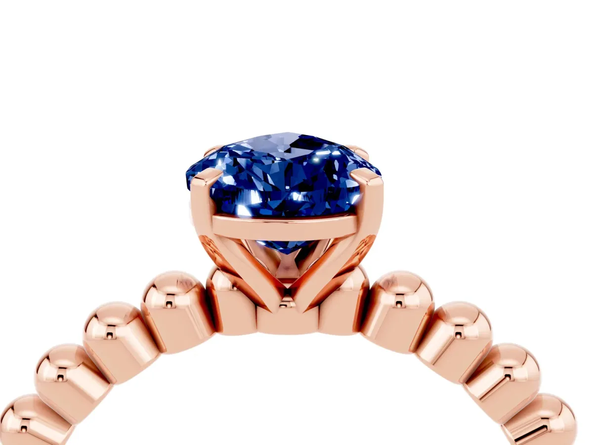 Pear Cut Blue Sapphire Solitaire Ring with Beaded Band and Prong Setting Rose gold