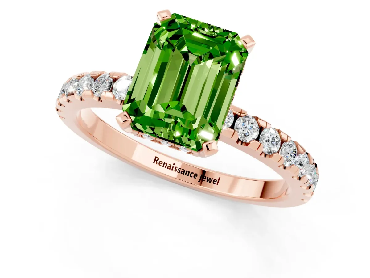 Emerald Cut Peridot Solitaire Ring with Round Pavé Band and Four-Prong Setting Rose gold