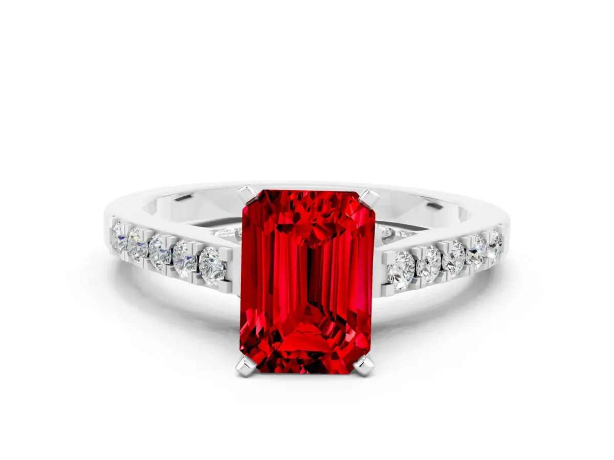 Emerald Cut Ruby Solitaire Ring with Crossover Gallery and Round Pavé Band Platinum