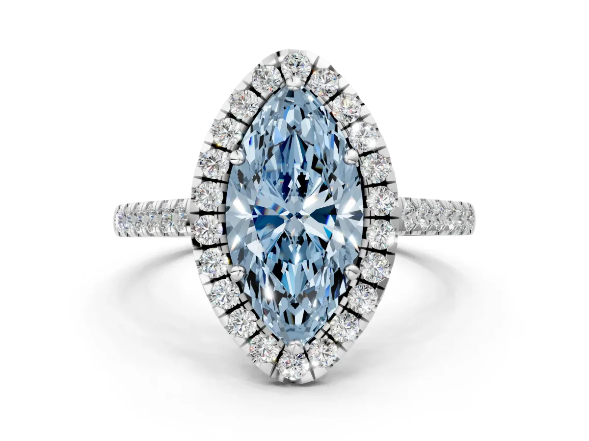 Fancy Blue Marquise Cut Halo Pavé Diamond Engagement Ring with Four-Prong Setting Silver