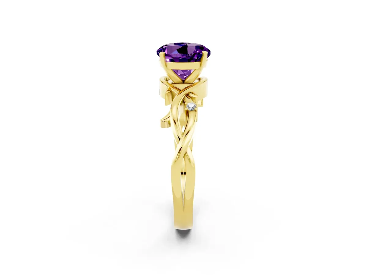 Round Cut Amethyst Solitaire Ring with Twisted Band and Prong Setting Yellow gold