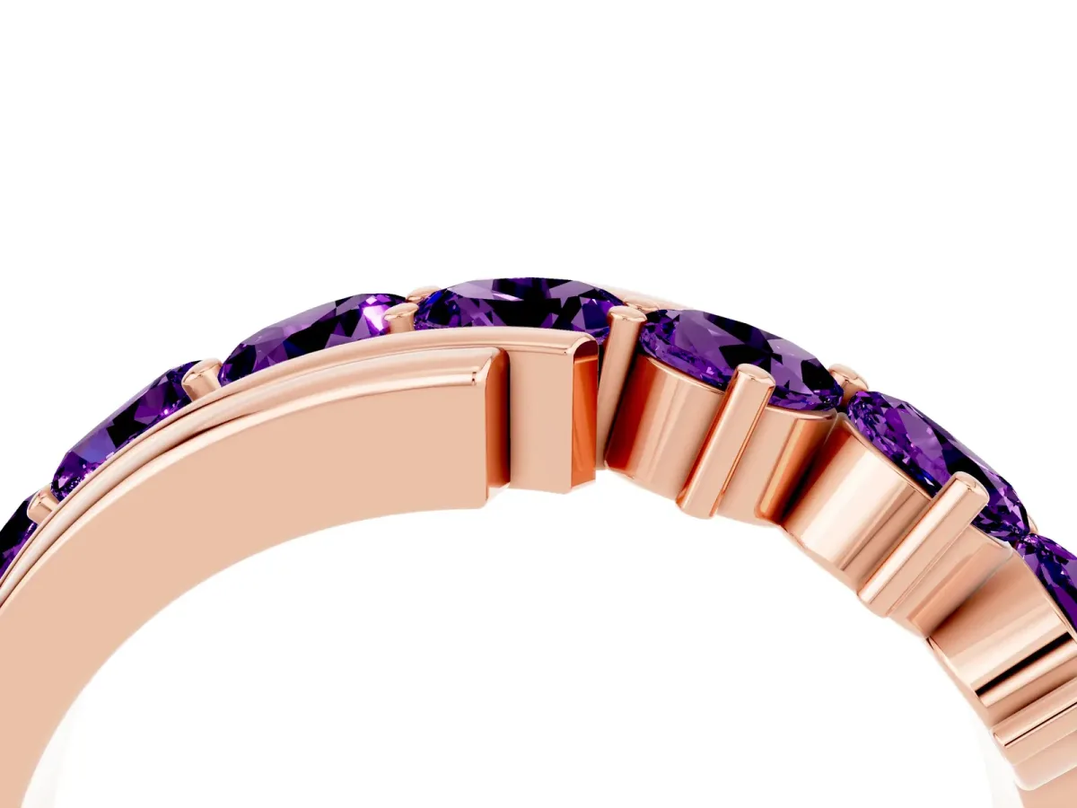 Round Amethyst Wave Band with Channel and Shared Prong Setting Rose gold