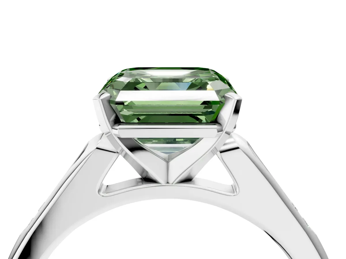 Fancy Green Asscher Cut Diamond Solitaire Ring with Channel Set Round Band and Prong Setting Silver