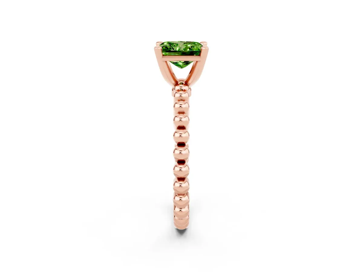 Princess Cut Peridot Solitaire Ring with Beaded Band and Prong Setting Rose gold