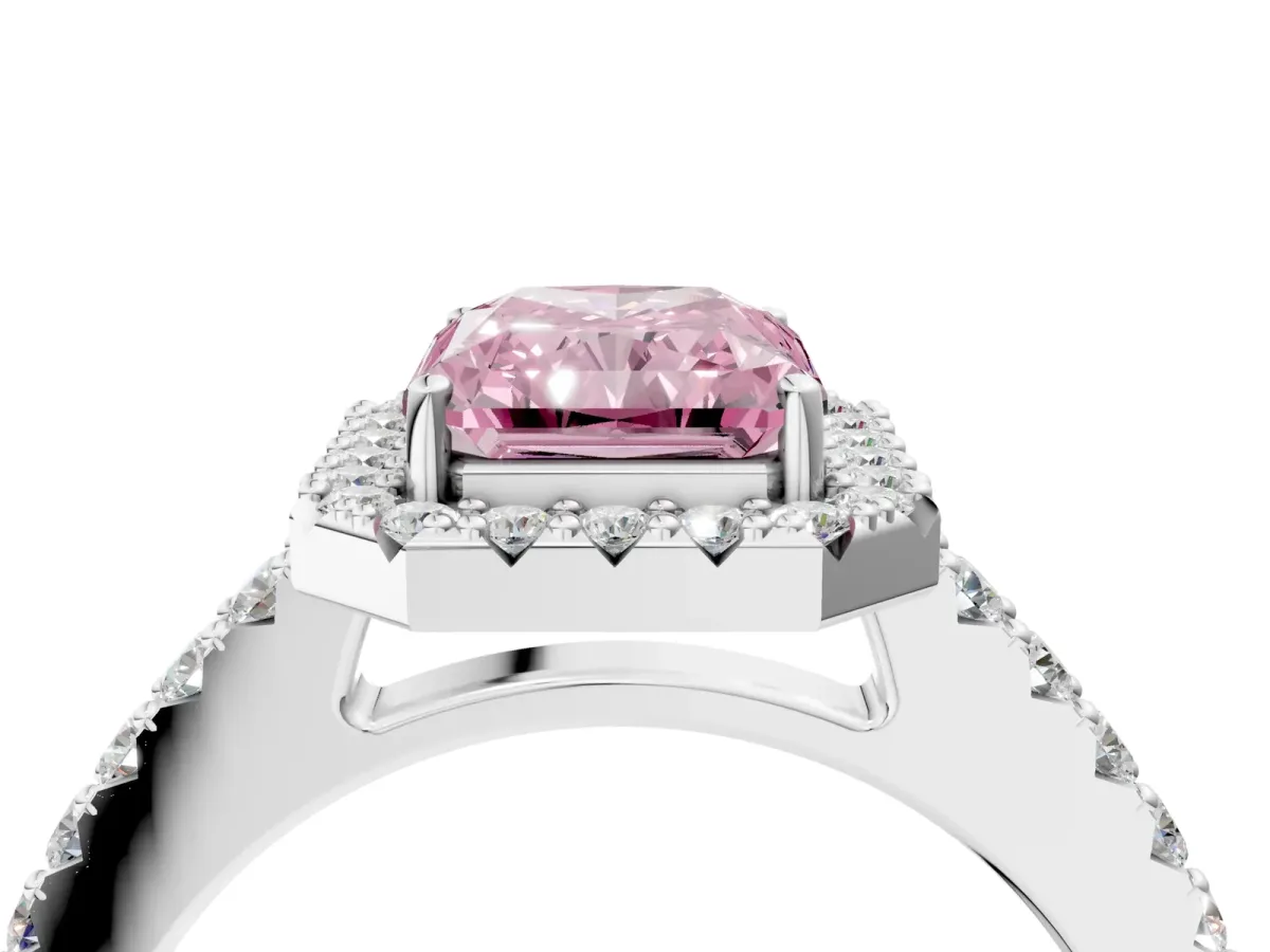 Fancy Pink Radiant Cut Halo Diamond Pavé Solitaire Ring Platinum