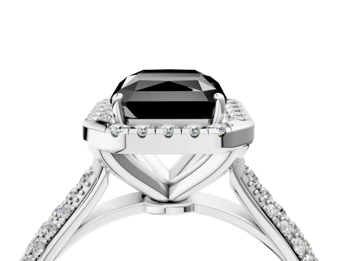 Fancy Black Radiant Cut Halo Diamond Ring with Pavé Band Platinum