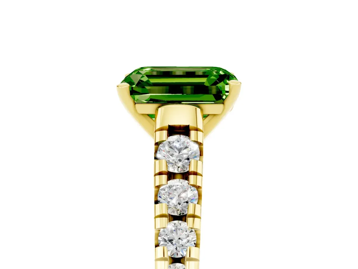 Emerald Cut Peridot Cathedral Solitaire Ring with Round Pavé Band Yellow gold