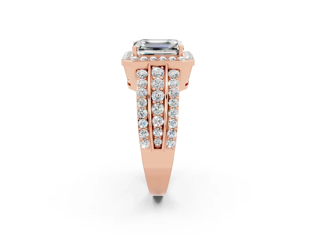 Emerald Cut Halo Moissanite Ring with Round Split Shank and Prong Setting Rose gold