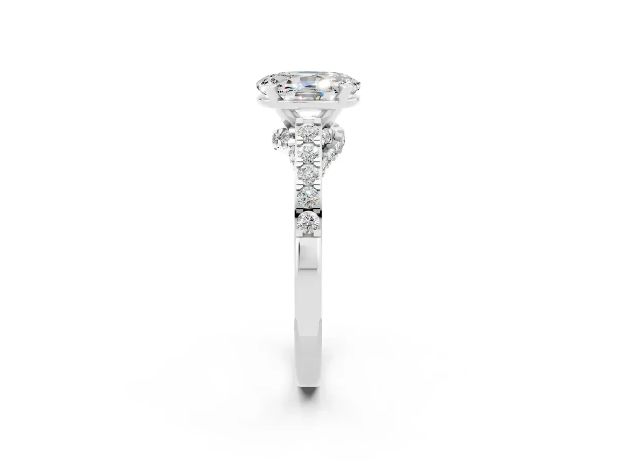 Oval Cut Moissanite Solitaire Ring with Crossover Gallery and Round Pavé Band Silver