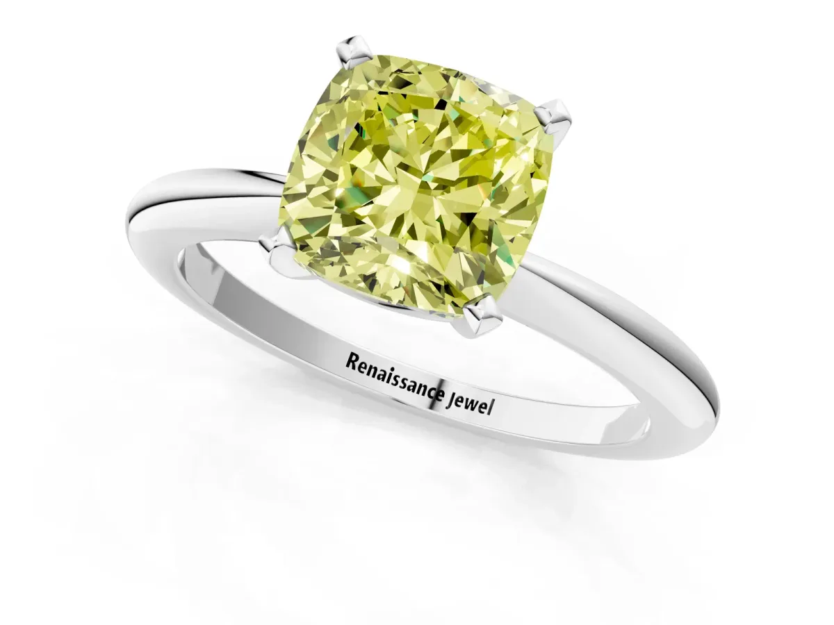 Fancy Yellow Cushion Cut Diamond Solitaire Ring with Six-Prong Setting and Classic Band Silver