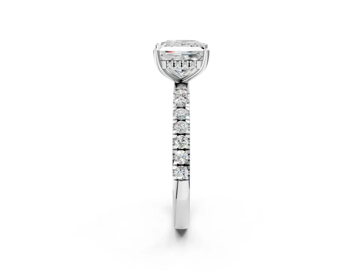Princess Cut Diamond Pave Band Solitaire Ring with Round Moissanite and Prong Setting Silver