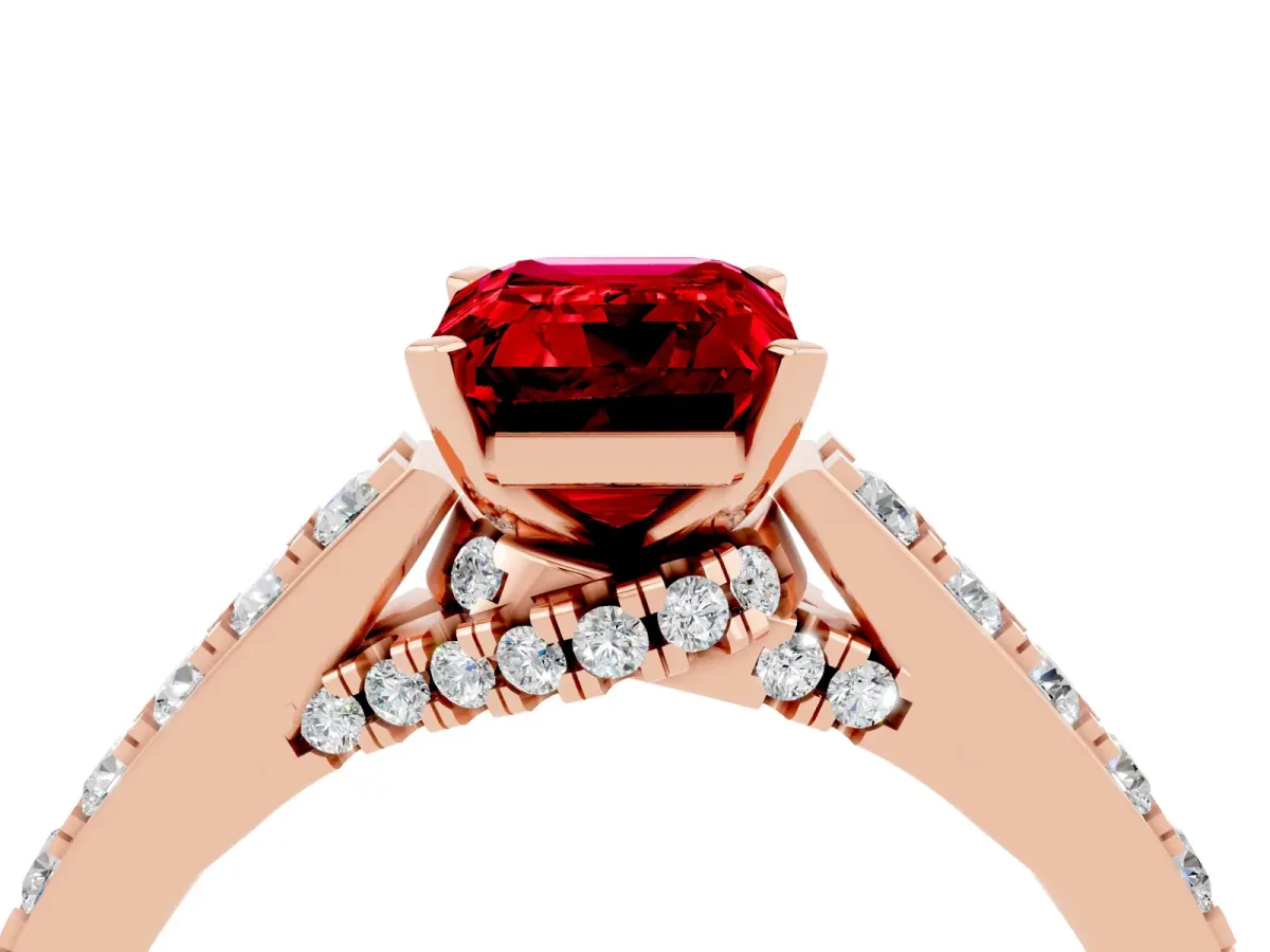 Emerald Cut Ruby Solitaire Ring with Crossover Gallery and Round Pavé Band Rose gold