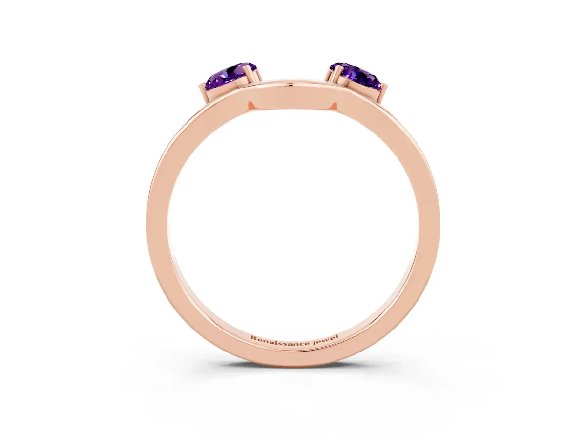 Dual Round Amethyst Open Band Ring with Prong Setting Rose gold