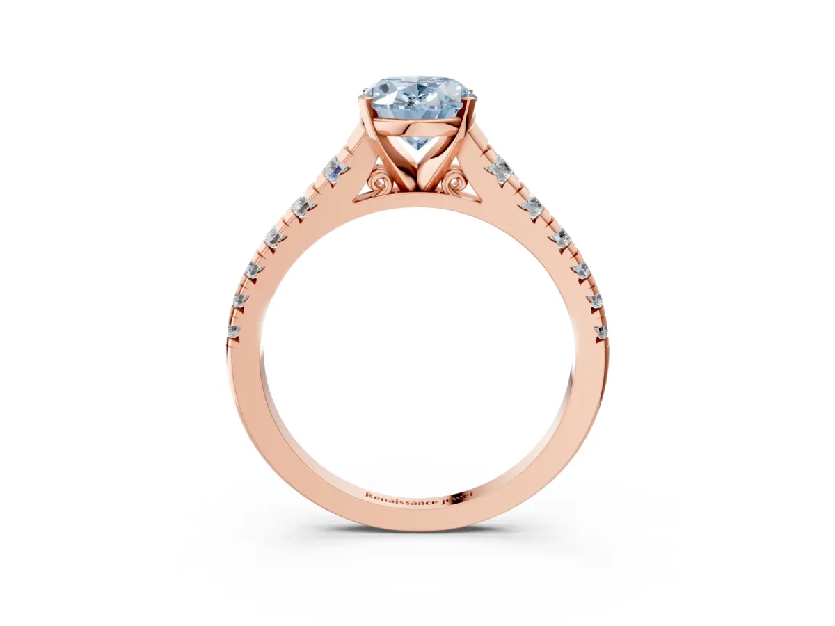 Fancy Blue Oval Cut Diamond Cathedral Solitaire Ring with Round Pavé Band Rose gold