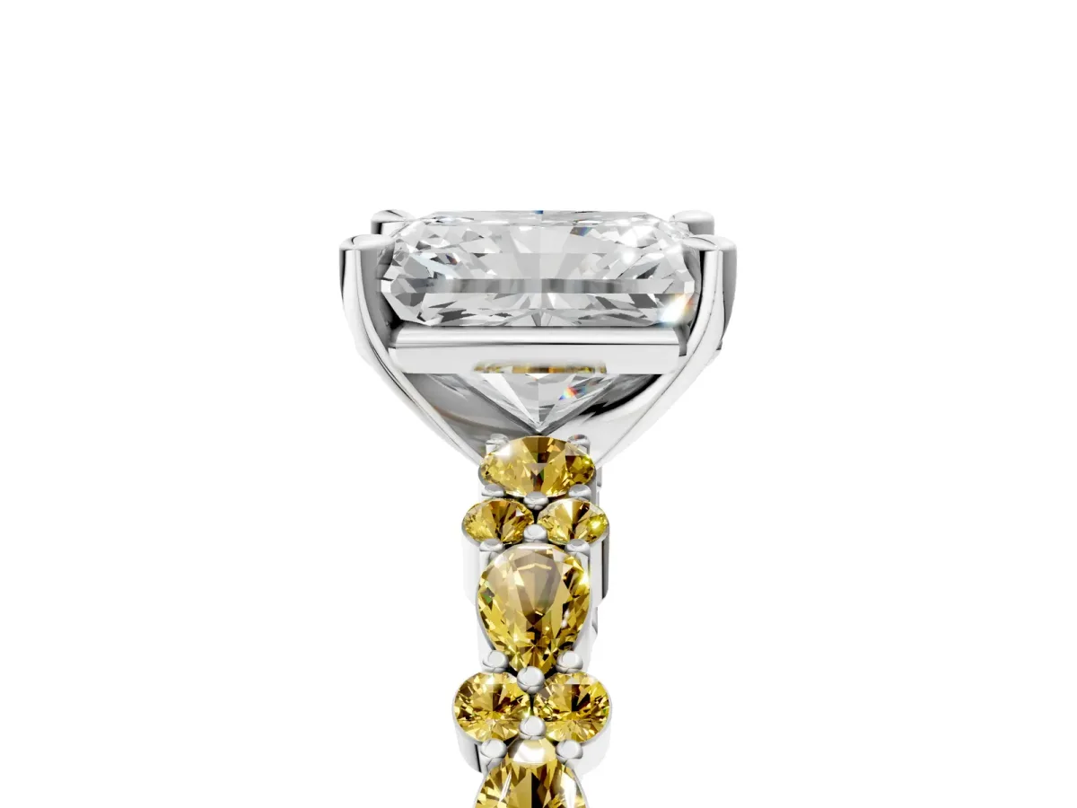 Radiant Cut Diamond Side Stone Solitaire Ring with Round Yellow Sapphire and Four-Prong Setting Silver
