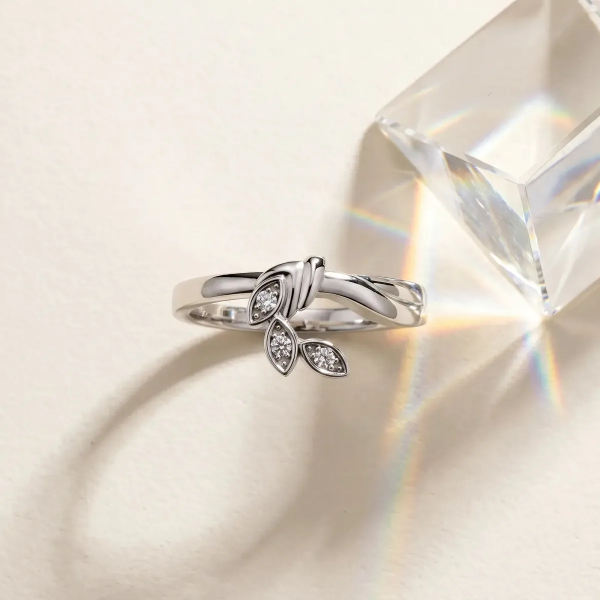 Three-Stone Round Diamond Leaf Bypass Ring with Bezel Setting Platinum