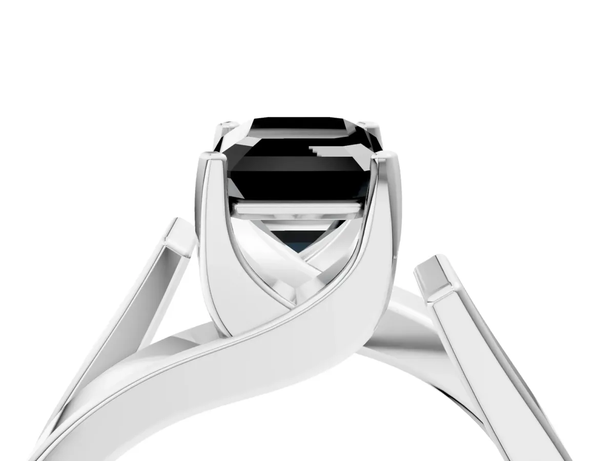 Fancy Black Modern Tension Set Emerald Cut Diamond Solitaire Wide Band Ring Platinum