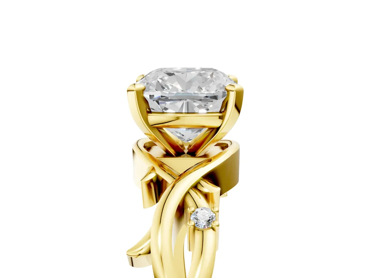 Cushion Cut Diamond Solitaire Ring with Twisted Band and Prong Setting Yellow gold